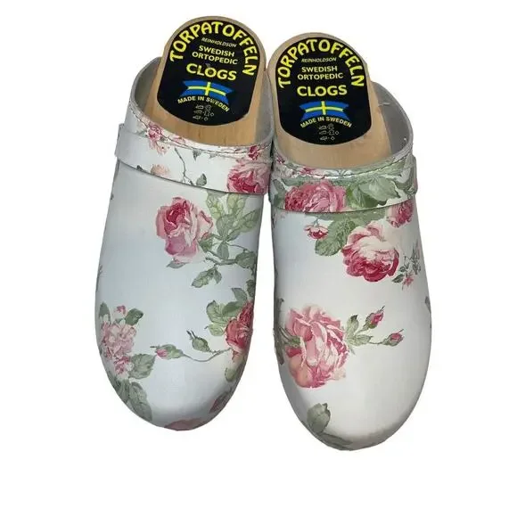 Swedish Torpatoffeln Floral Cottage Core Wooden Clogs Womens EU 42 US 10.5 - Picture 3 of 16